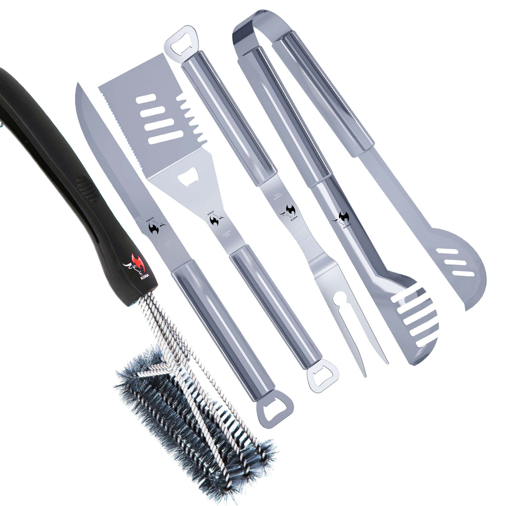 Kona Grill Tools Set - Stainless-Steel Spatula, Tongs, Fork, Knife, Openers  & Case, 1 - Harris Teeter